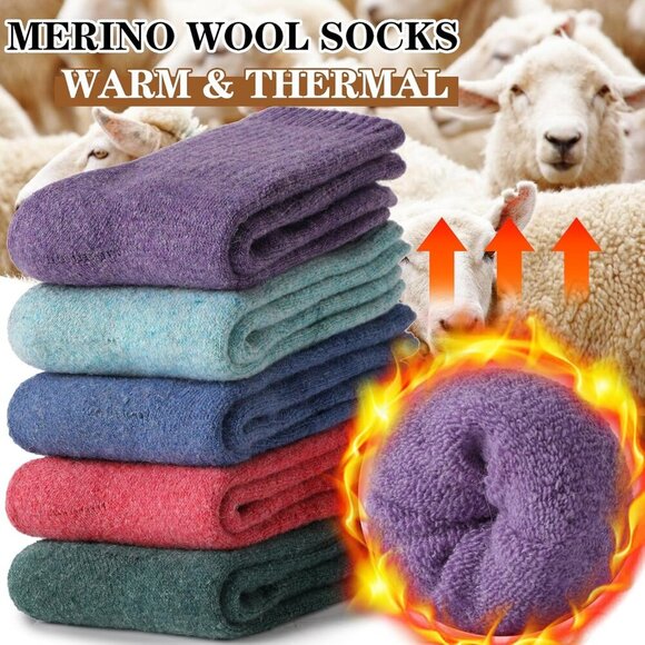 Women Merino Wool Color Series Sock 5 Pairs Warm Thick Crew Winter Boot Socks - Picture 2 of 6